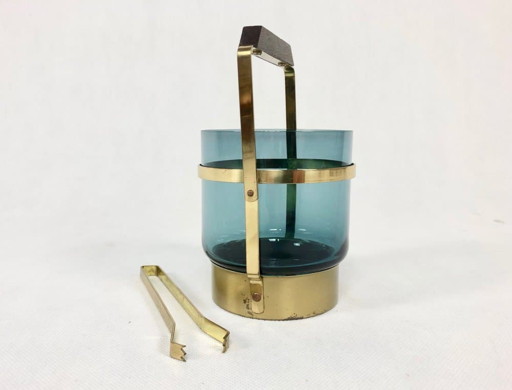 Ice bucket, blue glass, brass, teak, Denmark, 1960s. - 157027