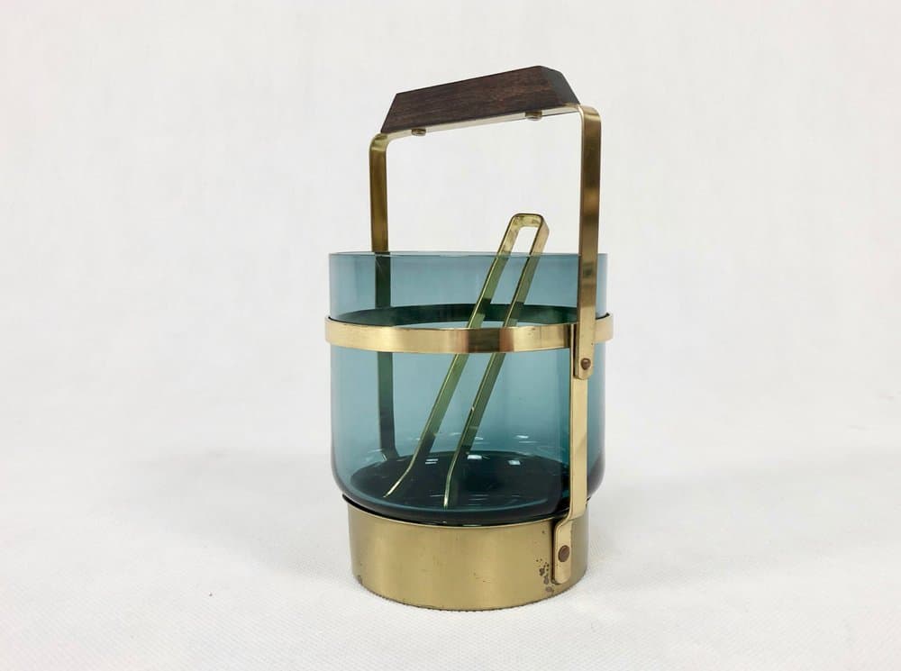 Ice bucket, blue glass, brass, teak, Denmark, 1960s. - 157030