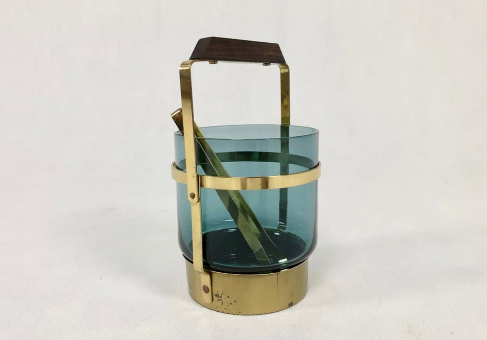 Ice bucket, blue glass, brass, teak, Denmark, 1960s. - 157029