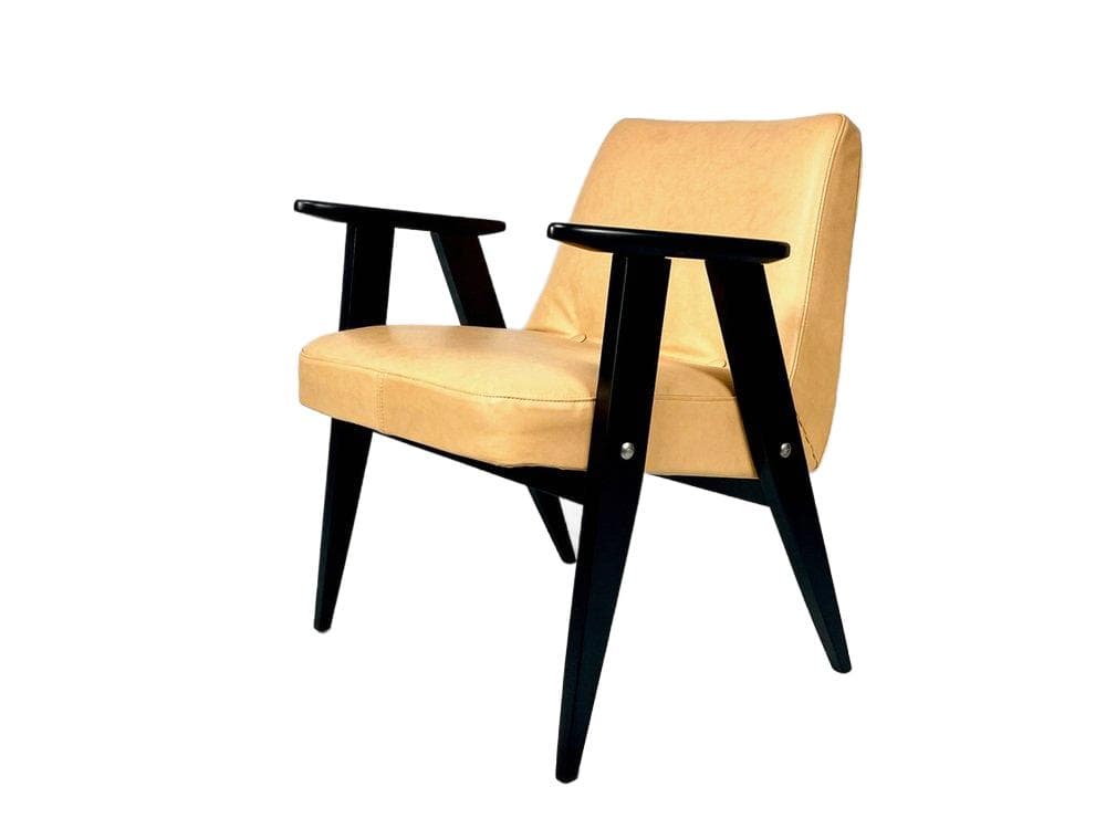 Armchair 366, beige leather, black beech, by J. Chierowski, Poland, 1960s.