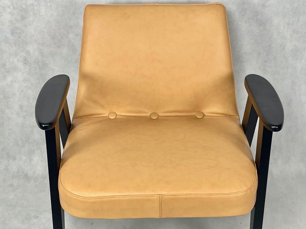 Armchair 366, beige leather, black beech, by J. Chierowski, Poland, 1960s. - 157171