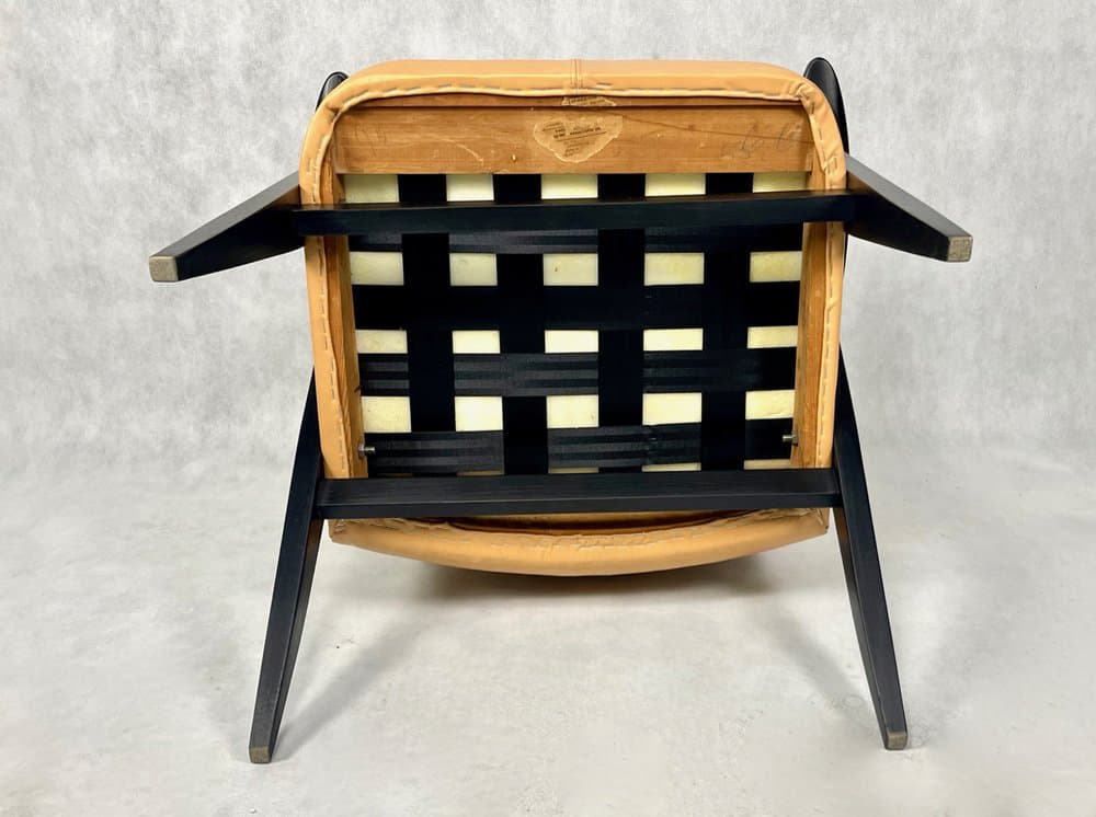 Armchair 366, beige leather, black beech, by J. Chierowski, Poland, 1960s. - 157169