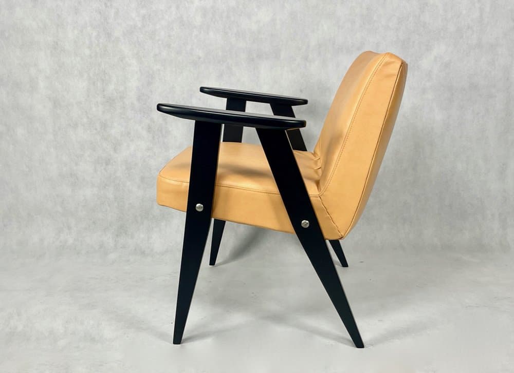 Armchair 366, beige leather, black beech, by J. Chierowski, Poland, 1960s. - 157166