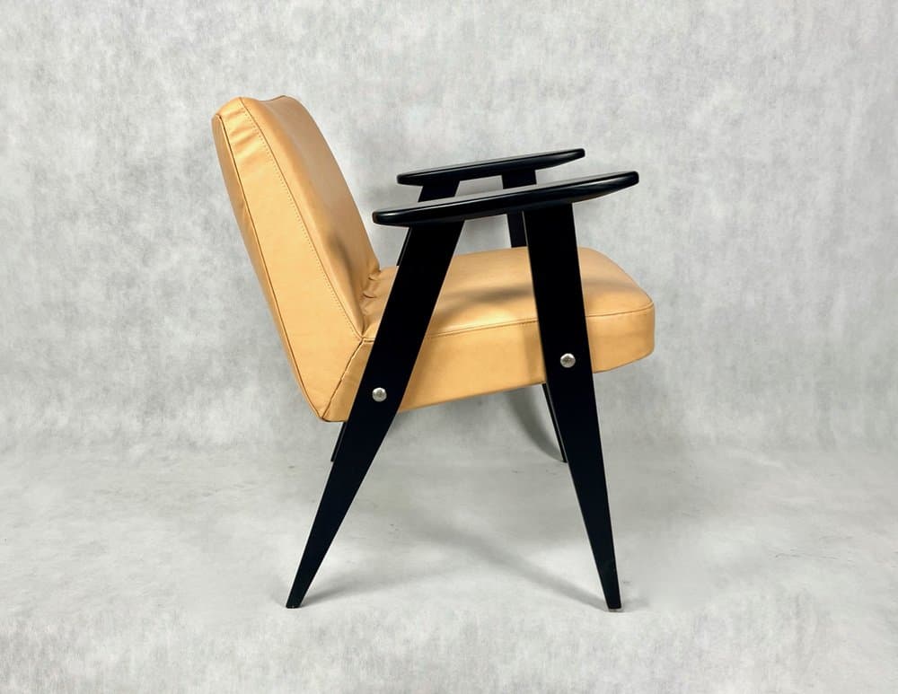 Armchair 366, beige leather, black beech, by J. Chierowski, Poland, 1960s. - 157165