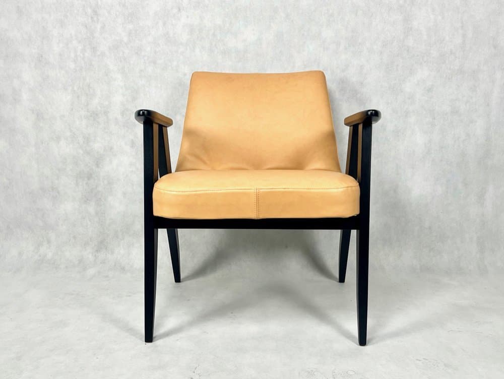 Armchair 366, beige leather, black beech, by J. Chierowski, Poland, 1960s. - 157164