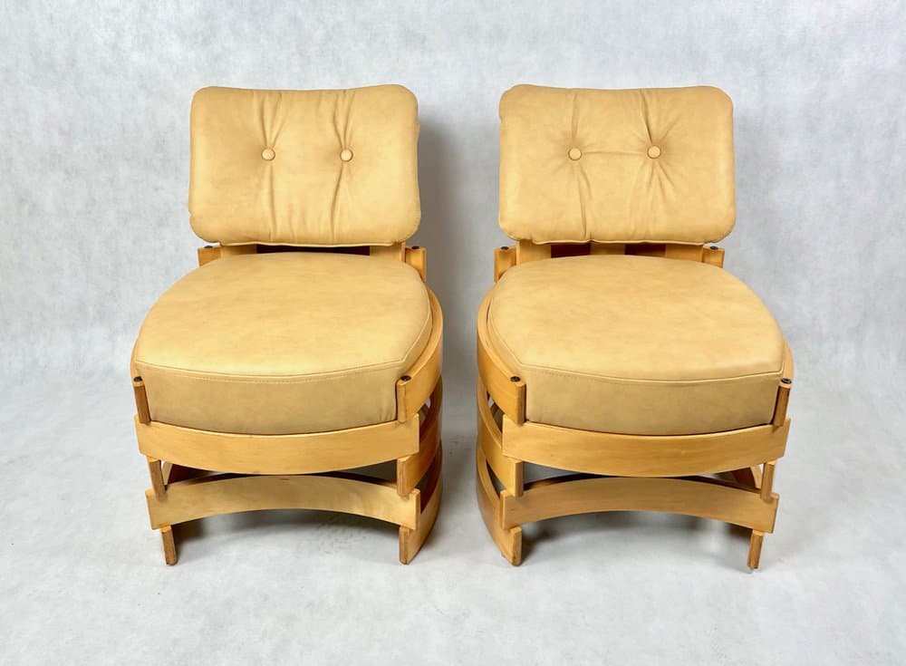 set of club chairs Rondo, beige leather, plywood, by R. Ferens, Poland, 1970s - 157213