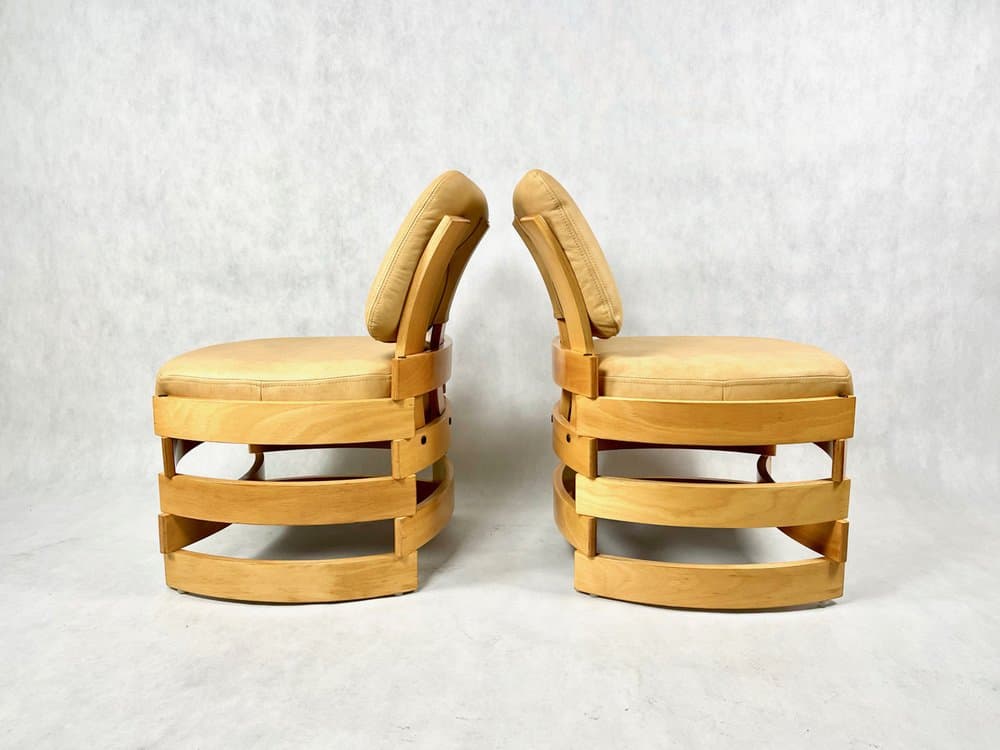 set of club chairs Rondo, beige leather, plywood, by R. Ferens, Poland, 1970s - 157204