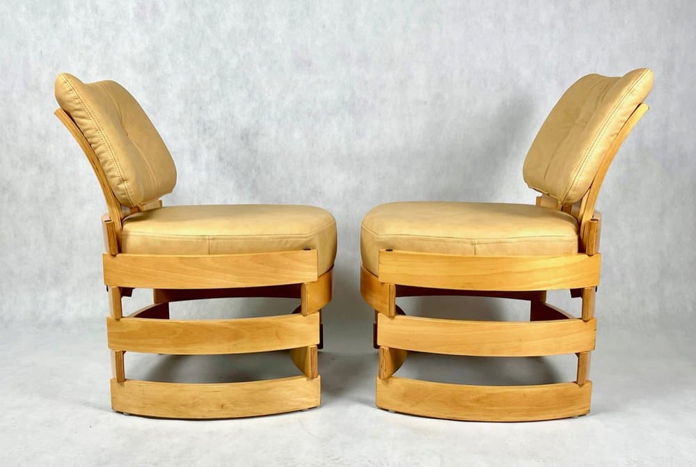 set of club chairs Rondo, beige leather, plywood, by R. Ferens, Poland, 1970s - 157211