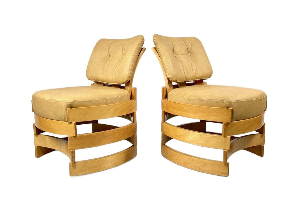 set of club chairs Rondo, beige leather, plywood, by R. Ferens, Poland, 1970s