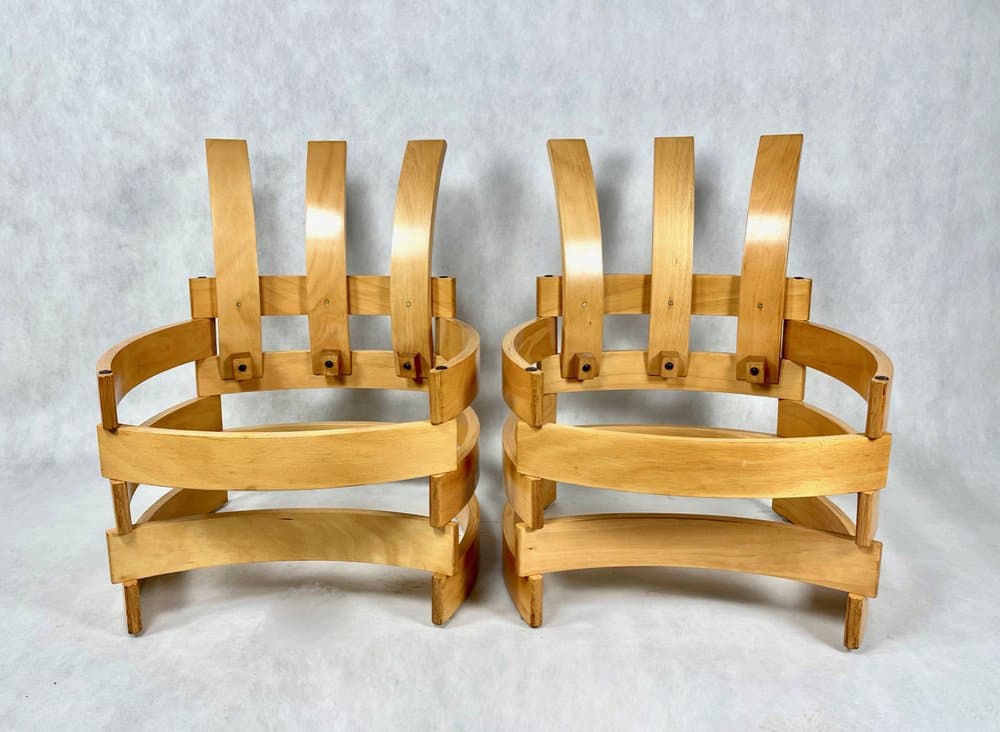set of club chairs Rondo, beige leather, plywood, by R. Ferens, Poland, 1970s - 157208