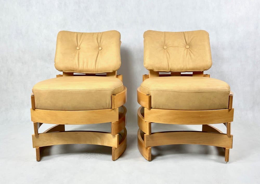 set of club chairs Rondo, beige leather, plywood, by R. Ferens, Poland, 1970s - 157214