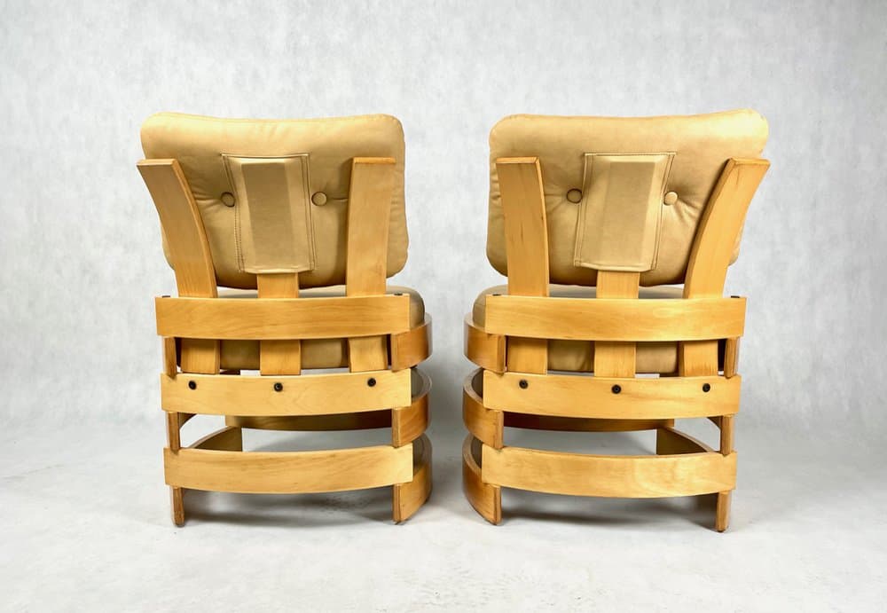 set of club chairs Rondo, beige leather, plywood, by R. Ferens, Poland, 1970s - 157212