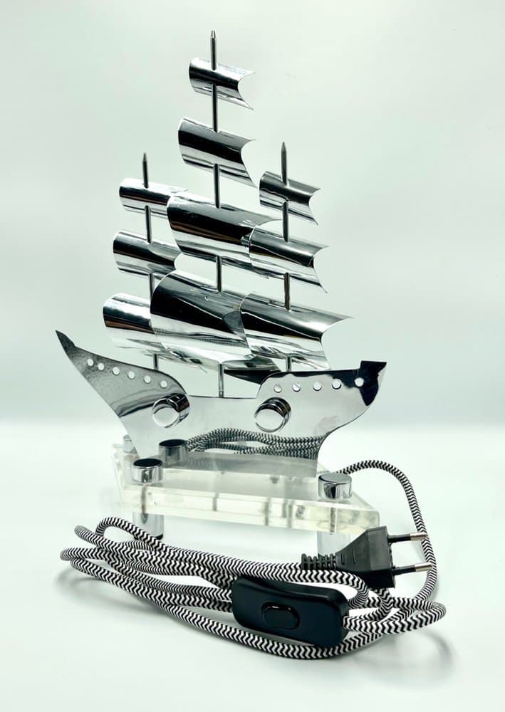 Table lamp sail ship, silver steel, acrylic, Czech Republic, 1950s - 157401