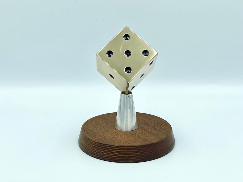 Dice paperweight, golden, brass, aluminum, mahogany, 1950s - 157448