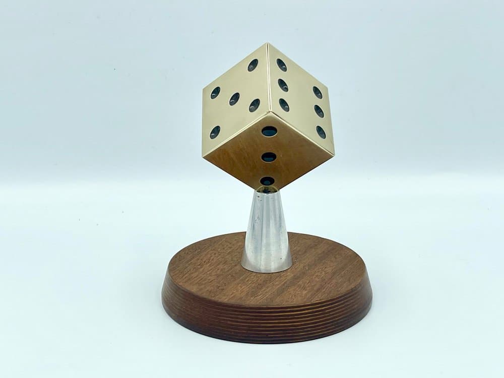 Dice paperweight, golden, brass, aluminum, mahogany, 1950s - 157449