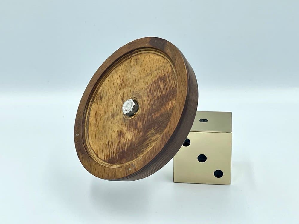 Dice paperweight, golden, brass, aluminum, mahogany, 1950s - 157445