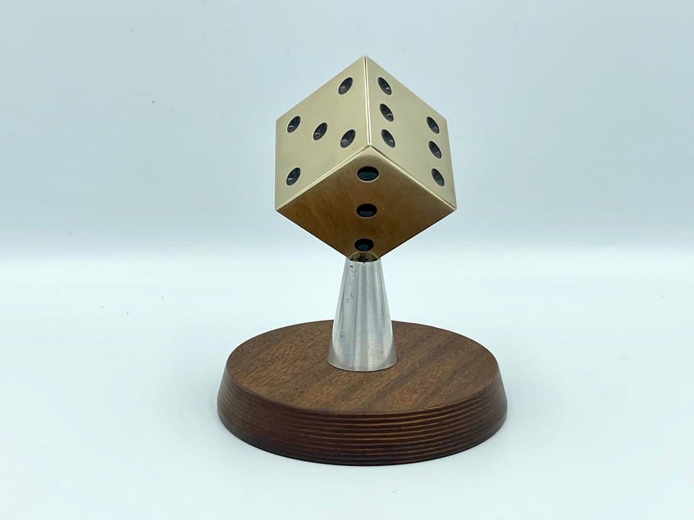 Dice paperweight, golden, brass, aluminum, mahogany, 1950s - 157444