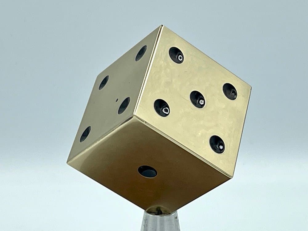 Dice paperweight, golden, brass, aluminum, mahogany, 1950s - 157446