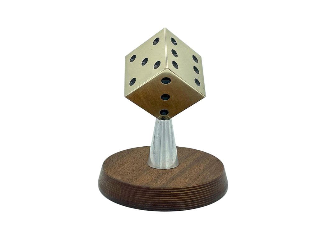 Dice paperweight, golden, brass, aluminum, mahogany, 1950s