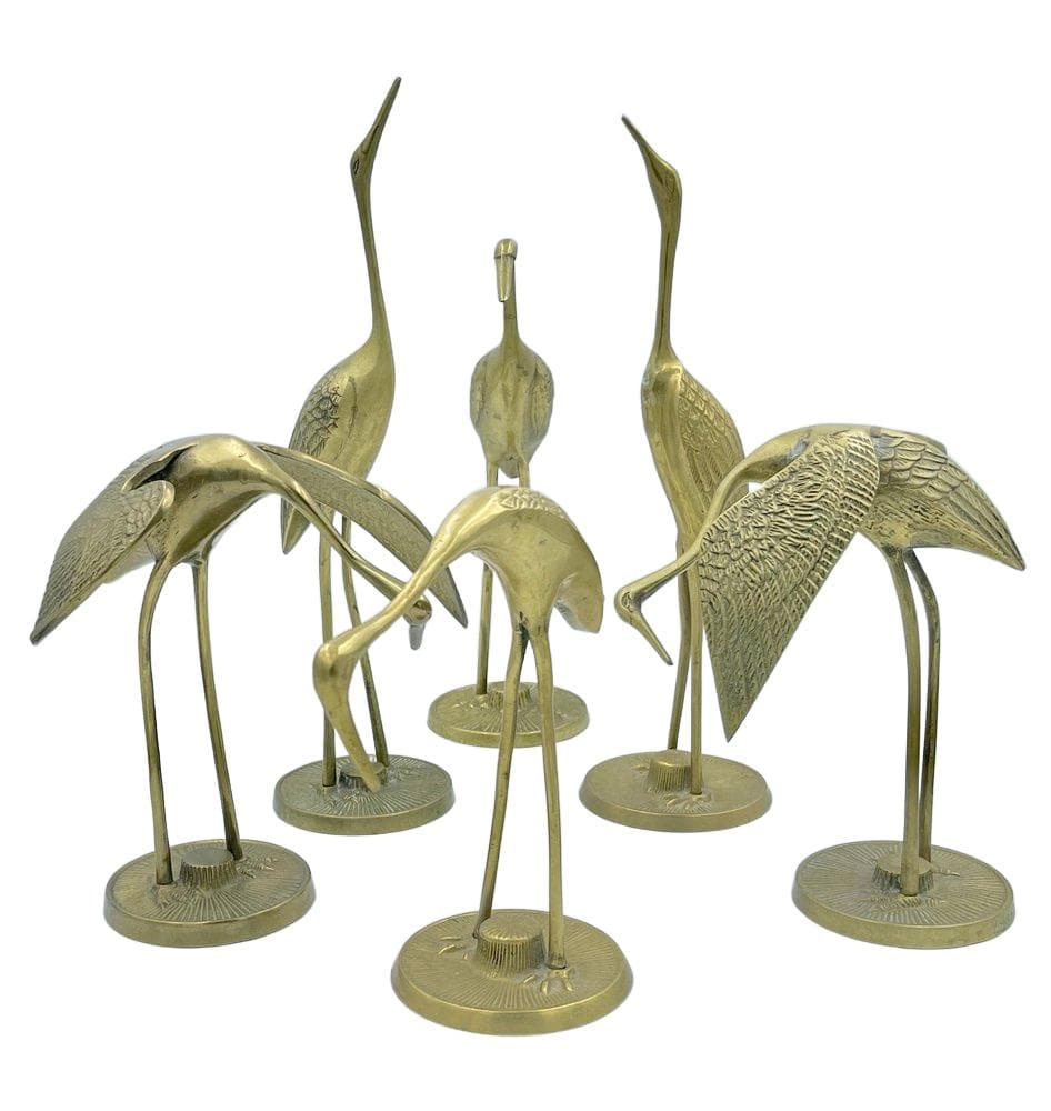 Komplet sześciu figurek żurawi, złoty, mosiądz, lata 60.