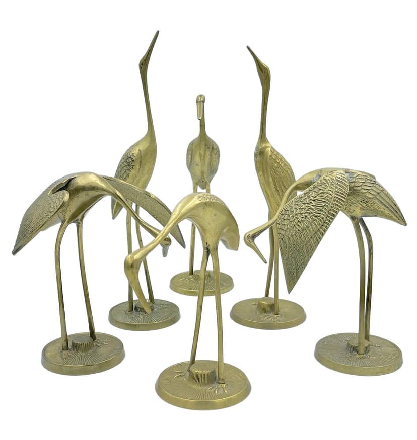 Komplet sześciu figurek żurawi, złoty, mosiądz, lata 60.