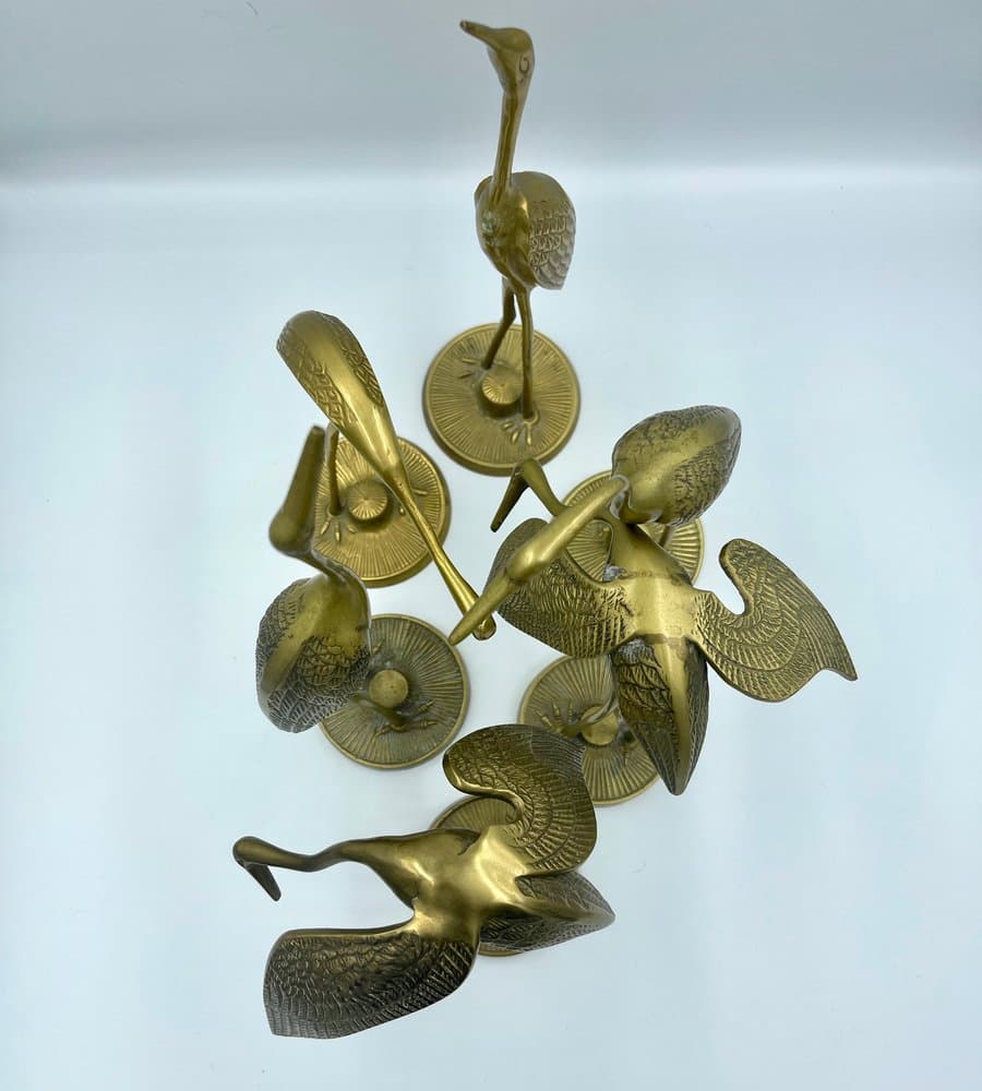 Komplet sześciu figurek żurawi, złoty, mosiądz, lata 60. - 157468