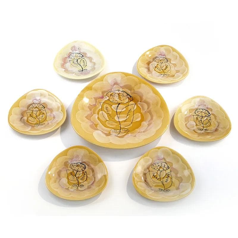 Żółty, modernistyczny garnitur do ciasta z fajansu, Włocławek, Polska, lata 50. - 9973