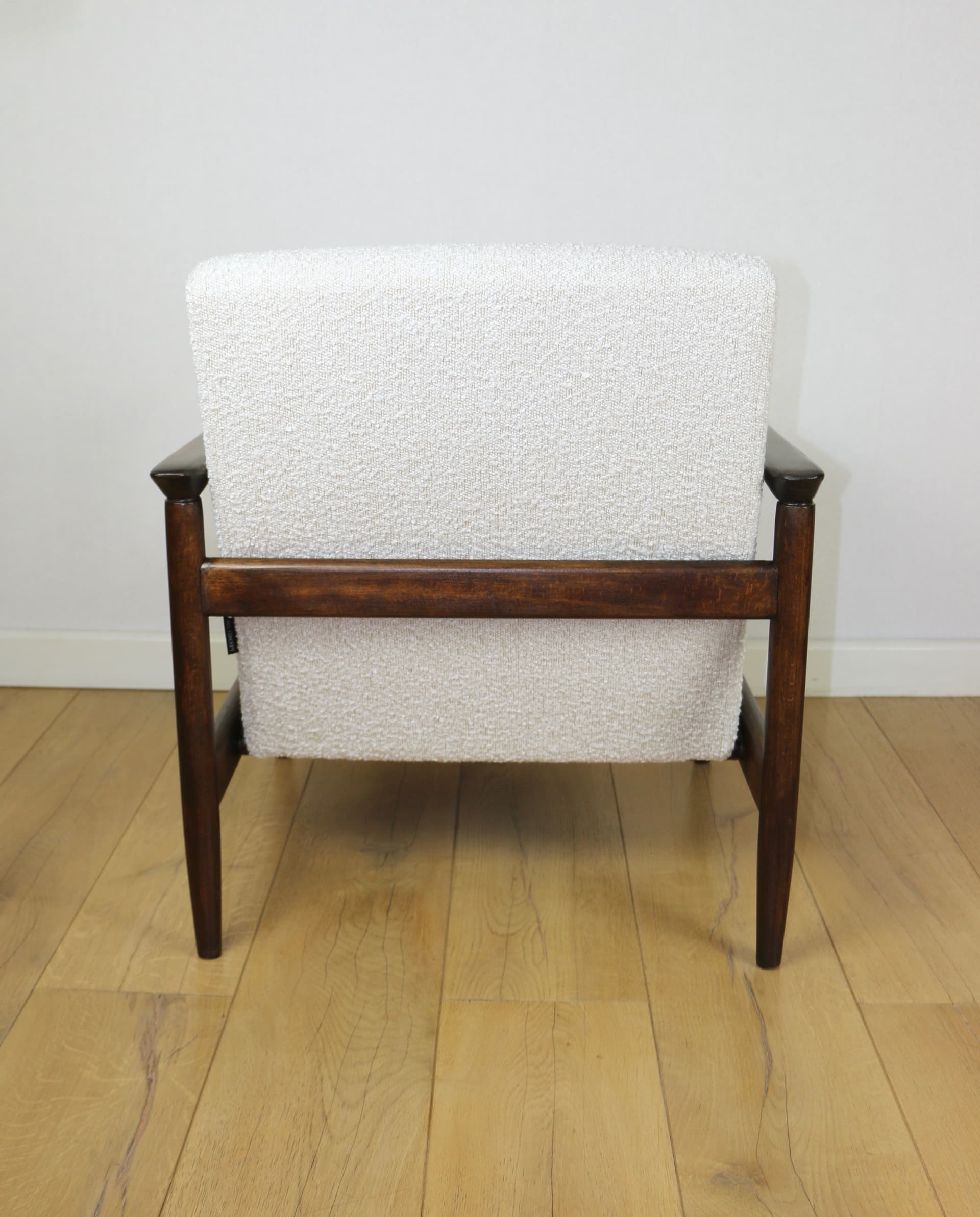 Armchair GFM-142, ivory bouclé, dark wood, by E. Homa, Poland, 1970s. - 147114