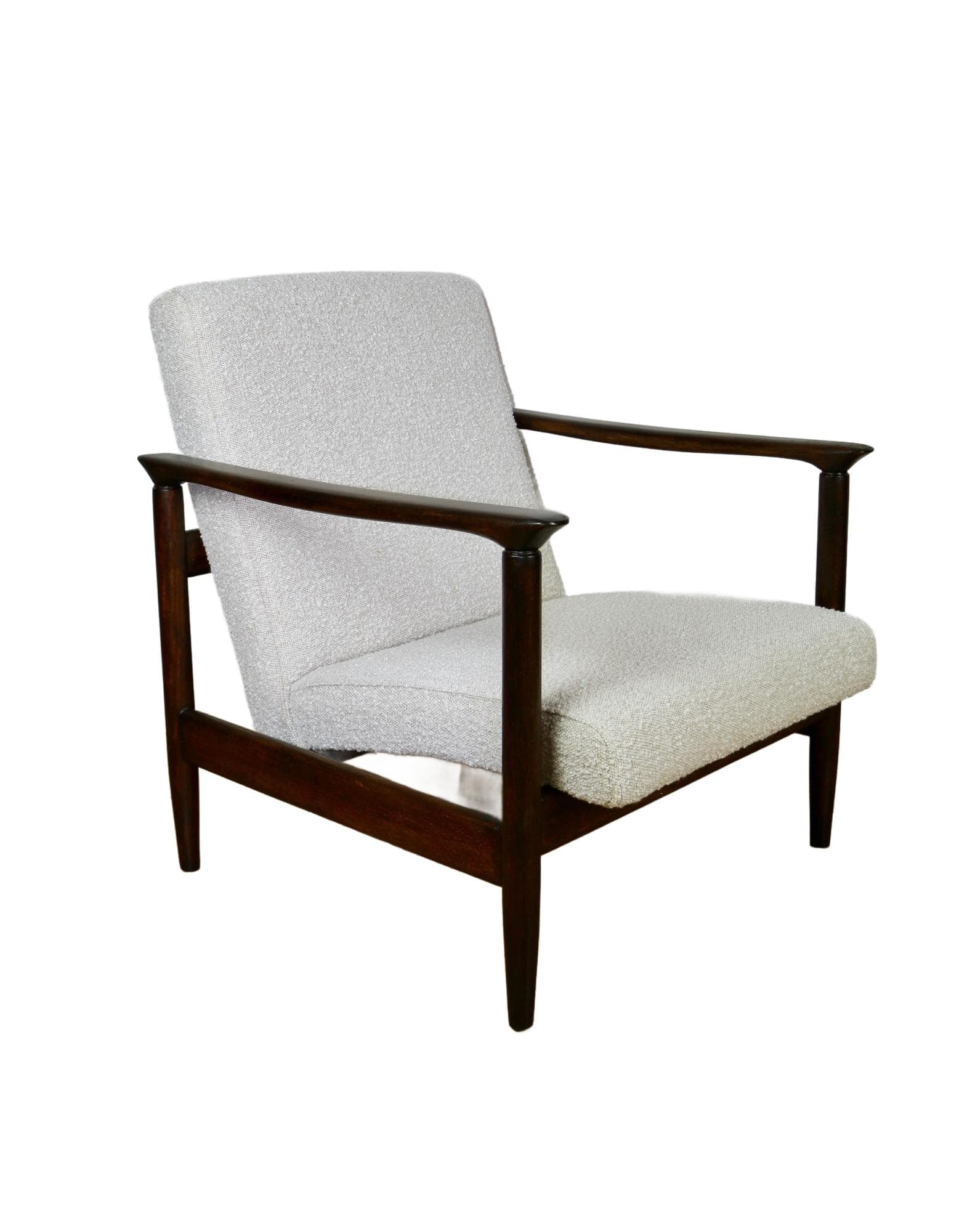 Armchair GFM-142, ivory bouclé, dark wood, by E. Homa, Poland, 1970s.