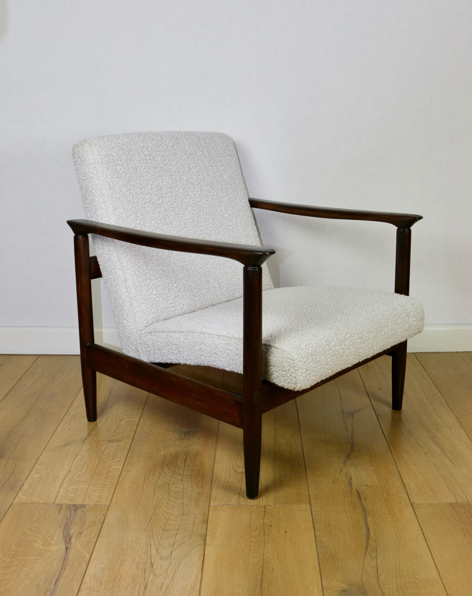 Armchair GFM-142, ivory bouclé, dark wood, by E. Homa, Poland, 1970s. - 147117