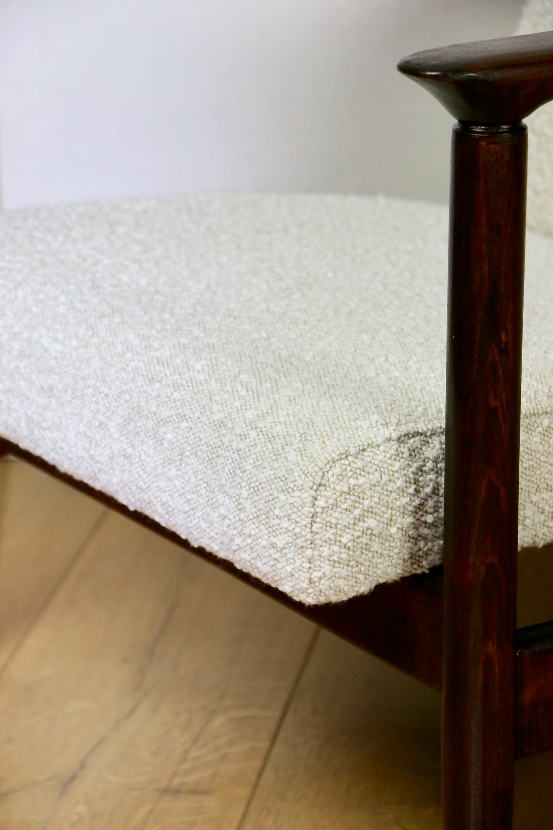 Armchair GFM-142, ivory bouclé, dark wood, by E. Homa, Poland, 1970s. - 147118