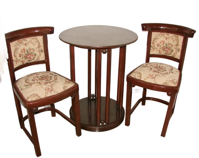 Komplet stolik i dwa krzesła, brązowy, buk, proj. J. Hoffmann, lata 30. - WYMIARY