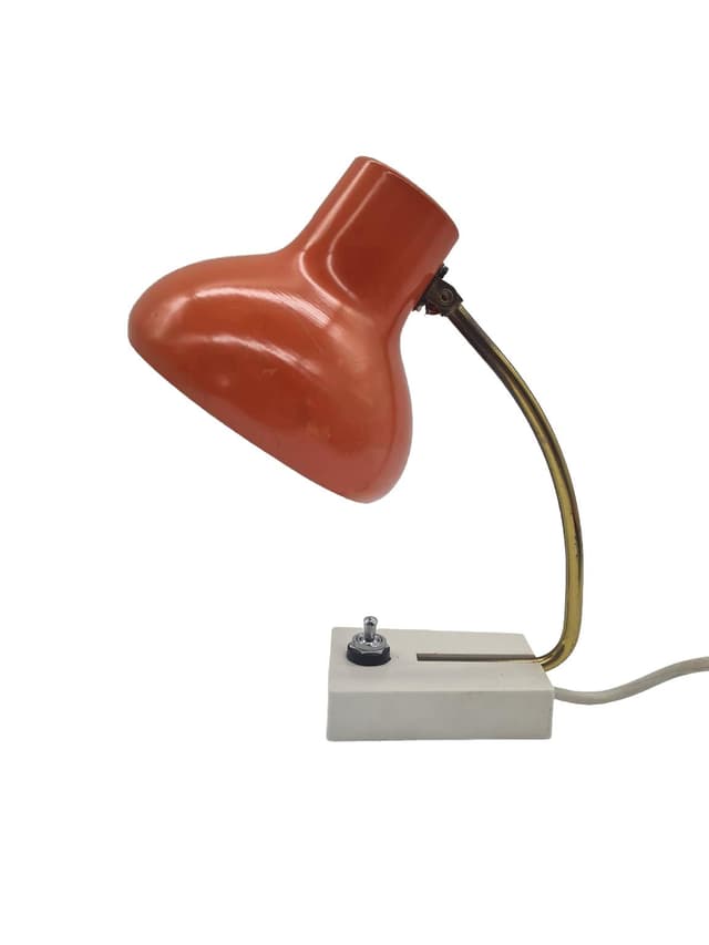 Lampa biurkowa, pomarańczowy metal, mosiądz, lata 70. - WYMIARY