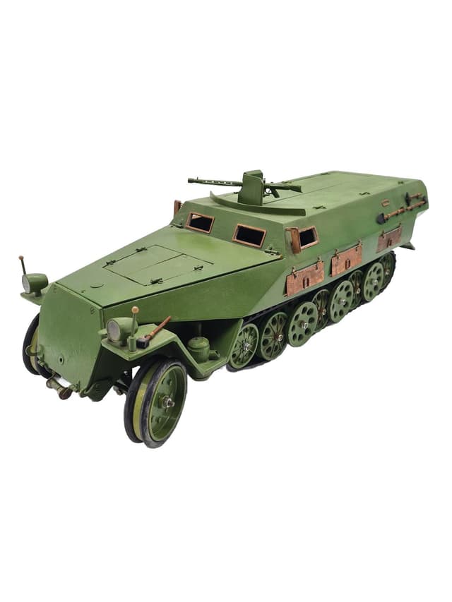 Model Sd.Kfz. 251, zielony, sklejka drewno metal miedź, Niemcy, lata 70. - WYMIARY