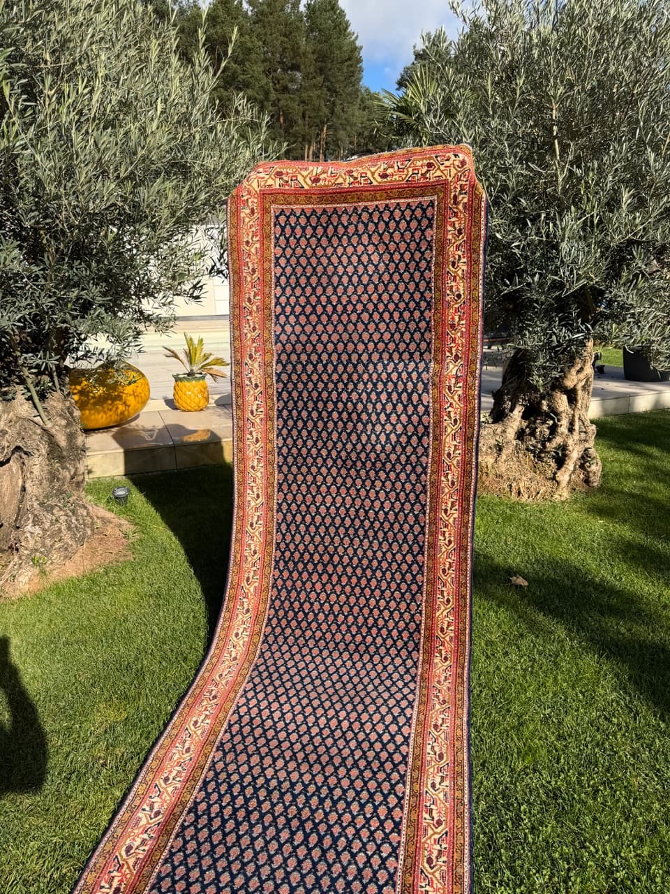 Chodnik Indo Mir, 390x94 cm, wełna granatowa, Indie, lata 90. - 158133