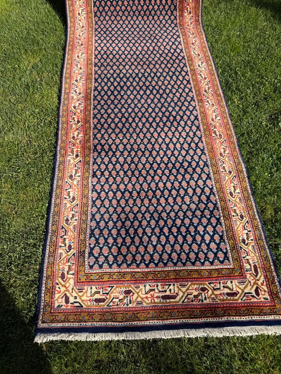 Chodnik Indo Mir, 390x94 cm, wełna granatowa, Indie, lata 90. - 158135