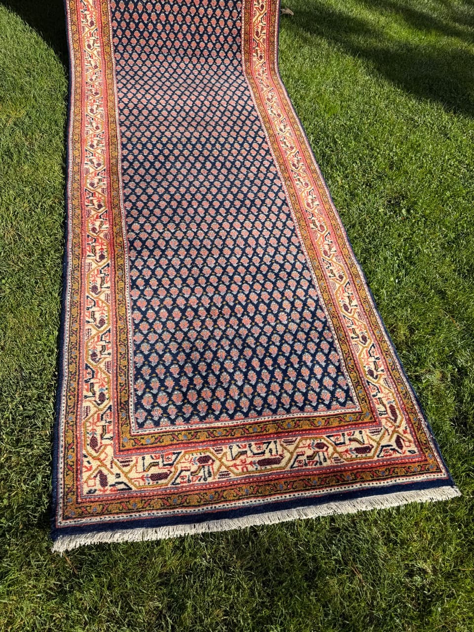 Chodnik Indo Mir, 390x94 cm, wełna granatowa, Indie, lata 90. - 158131