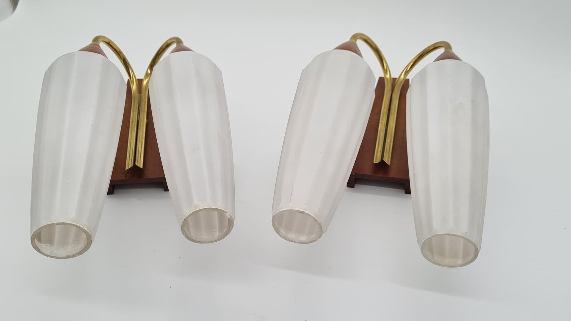 Pair of wall sconces, brown teak, brass, white glass, Germany, 1960s. - 158172