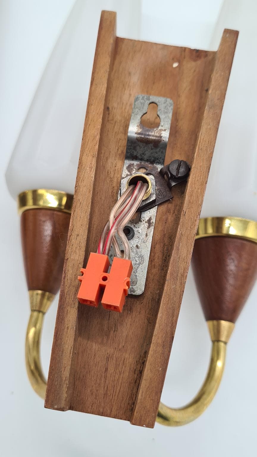 Pair of wall sconces, brown teak, brass, white glass, Germany, 1960s. - 158175