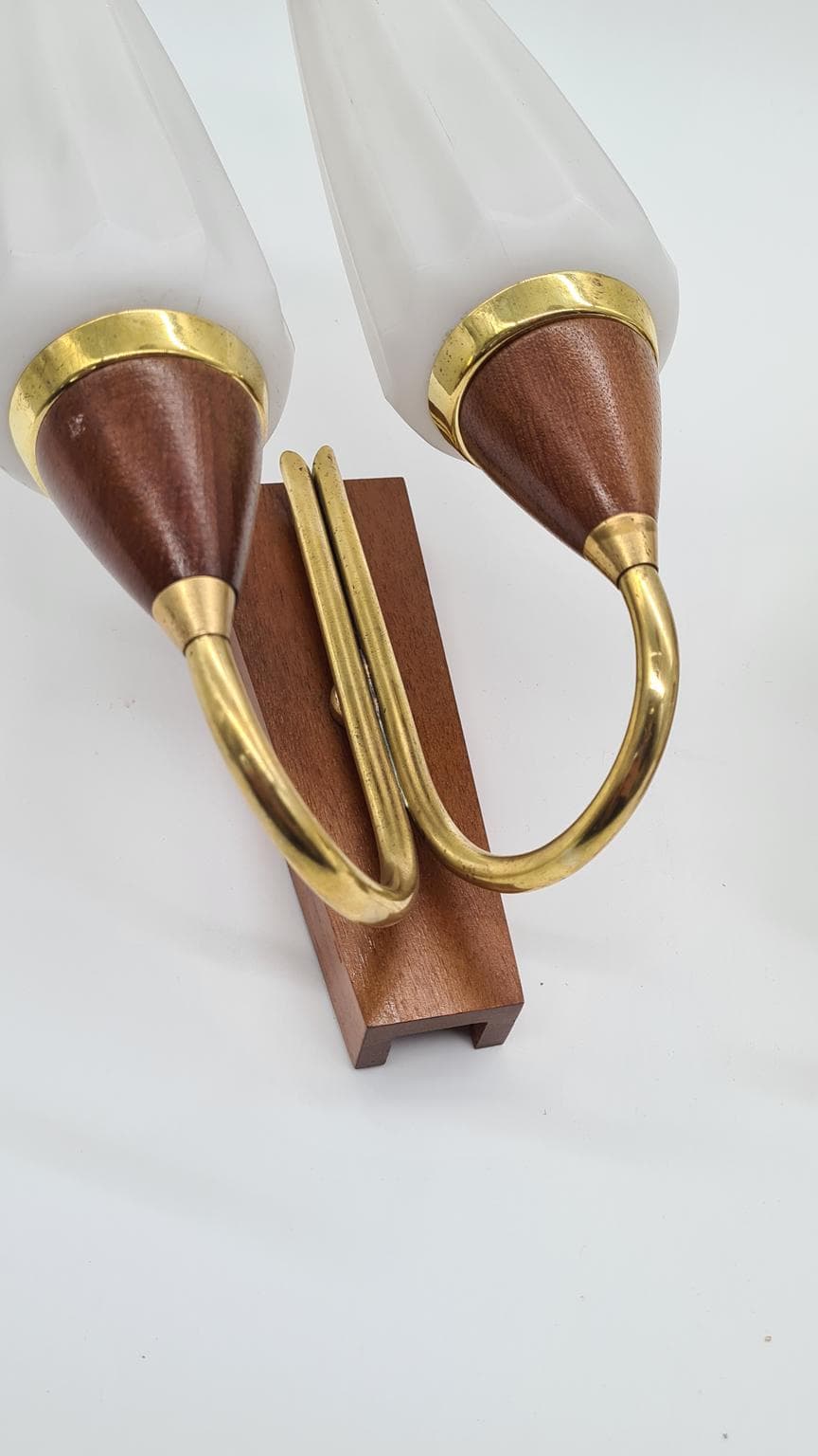 Pair of wall sconces, brown teak, brass, white glass, Germany, 1960s. - 158169