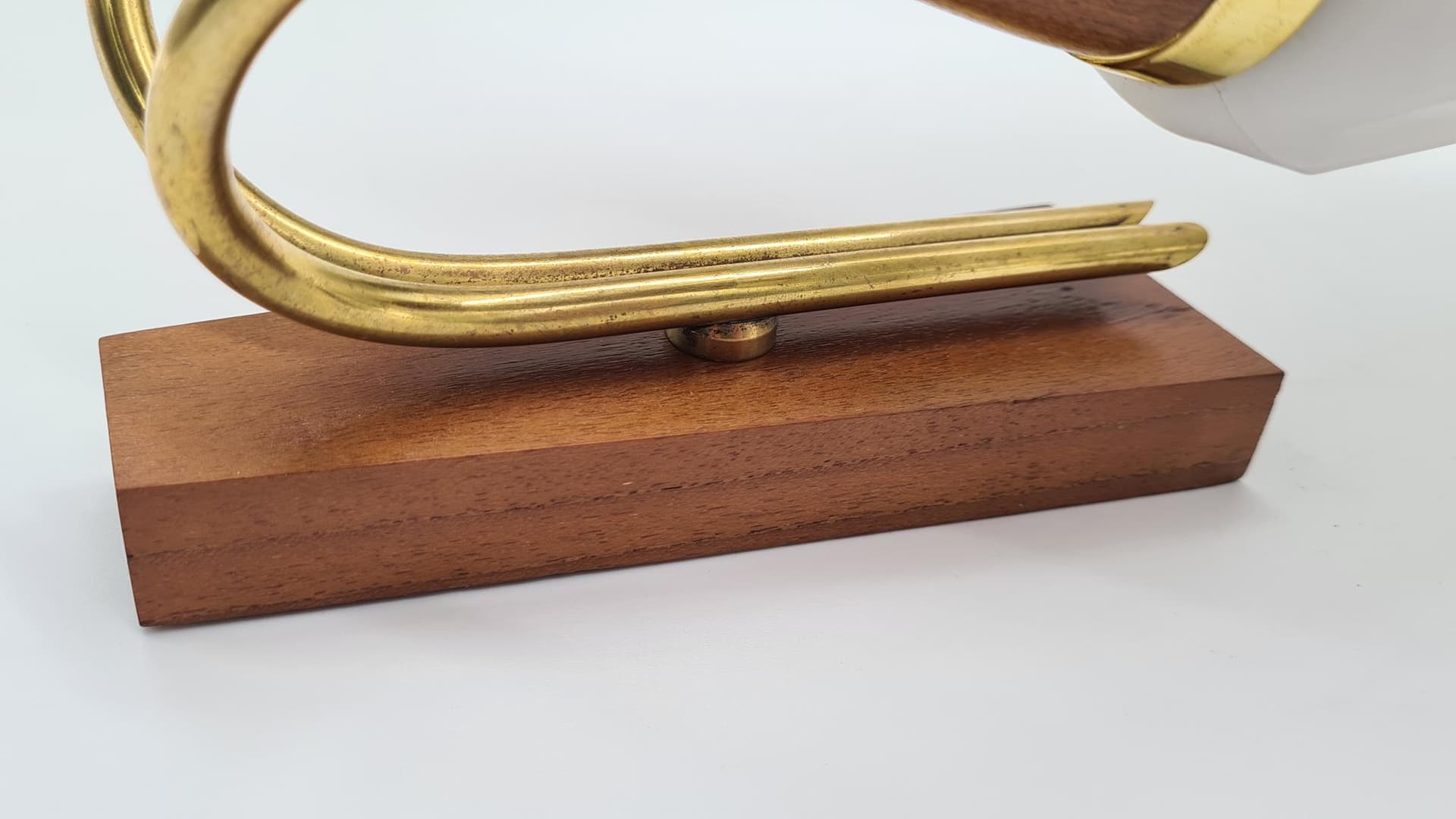 Pair of wall sconces, brown teak, brass, white glass, Germany, 1960s. - 158174