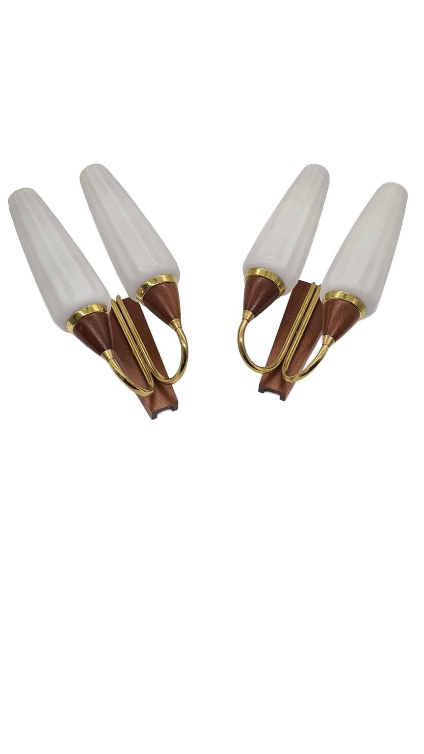 Pair of wall sconces, brown teak, brass, white glass, Germany, 1960s. - 168271