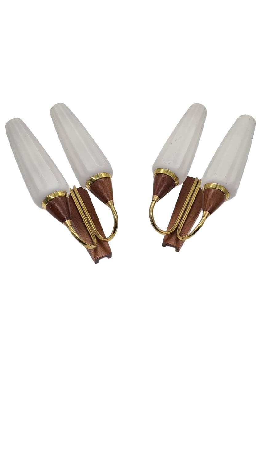 Pair of wall sconces, brown teak, brass, white glass, Germany, 1960s.