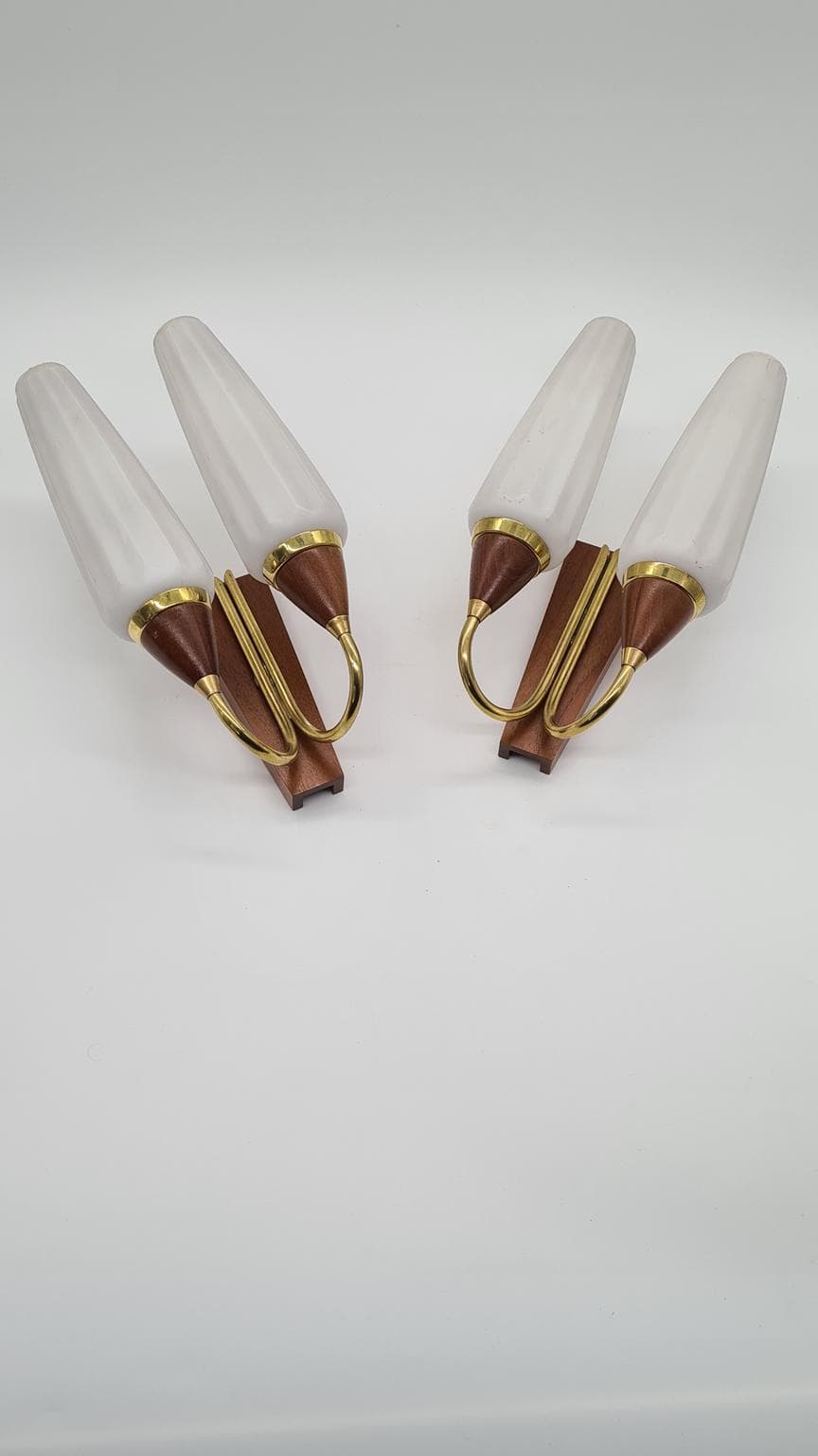 Pair of wall sconces, brown teak, brass, white glass, Germany, 1960s. - 158168