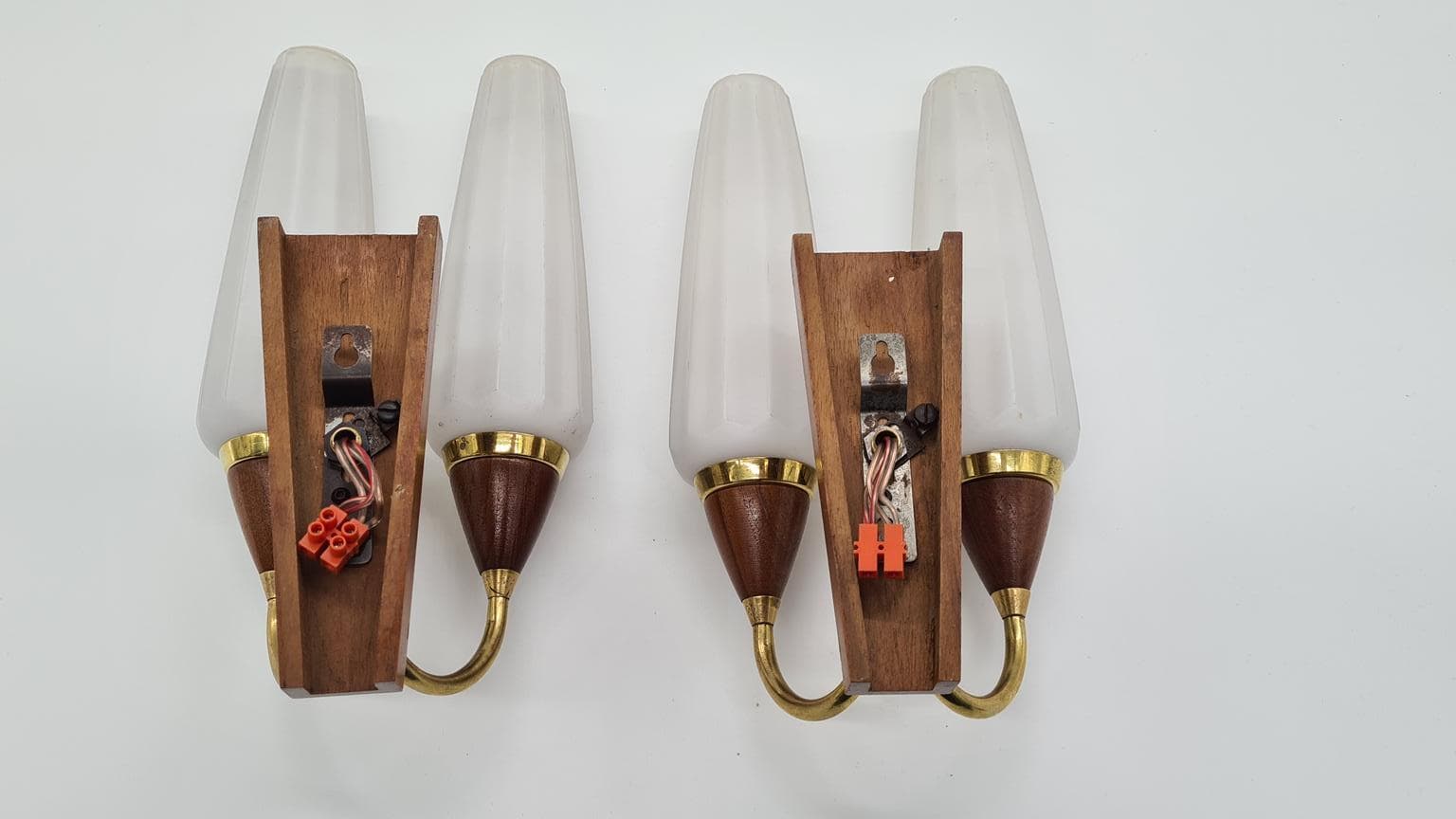 Pair of wall sconces, brown teak, brass, white glass, Germany, 1960s. - 158171