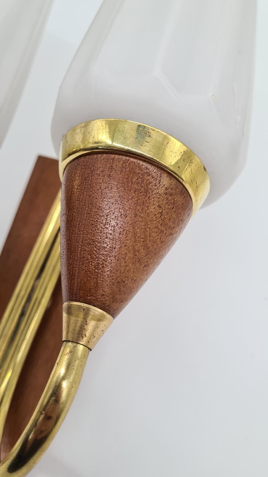 Pair of wall sconces, brown teak, brass, white glass, Germany, 1960s. - 158173