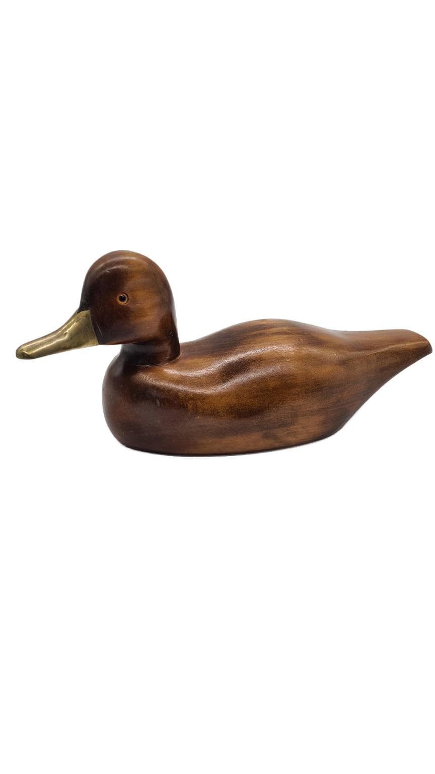 Figura dekoracyjna kaczka, drewno jasnobrązowe, mosiądz, szkło, Niemcy, lata 70. - 168267