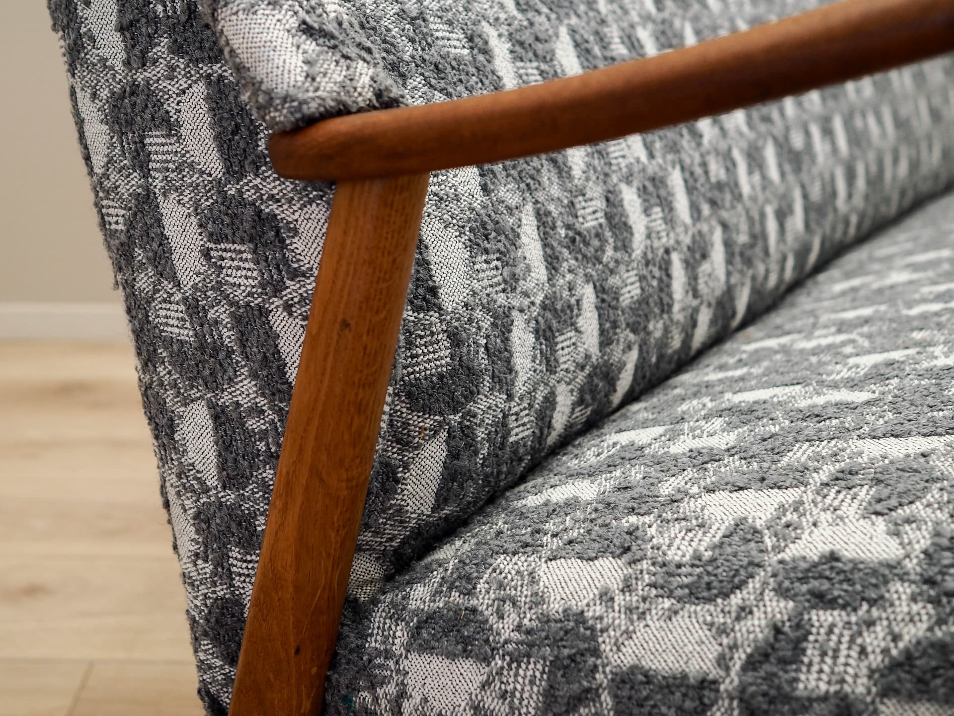 Sofa, szara, wełna, dąb, teak, Dania, lata 70. - 158568