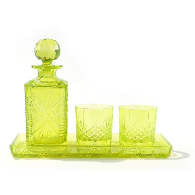Zestaw do alkoholu, karafka i szklanki szkło uranowe - WYMIARY