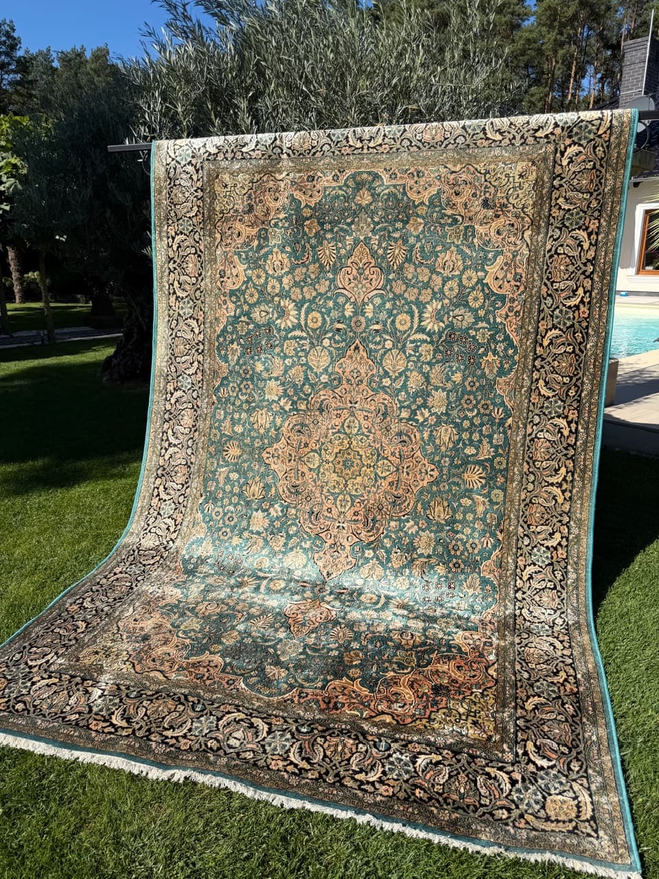 Dywan Ghoum, turkus, jedwab, Indie, lata 90. - 159342